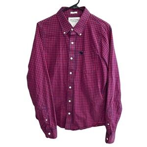 Abercrombie Fitch Check Button Down Shirt Mens L Red Long Sleeve Muscle Fit